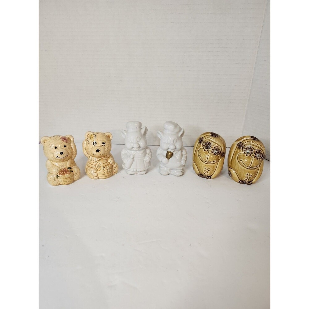 Lot Of 3 Salt And Pepper Shakers Mokey, Bear, And Pig